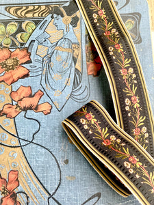 Vintage French Ribbon trim. Black floral