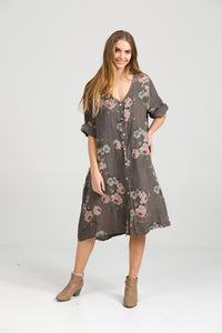 Abigail floral linen coatdress. Charcoal