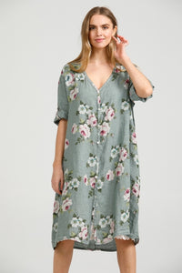 Abigail Floral Linen coatdress. Sage Green