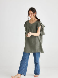 Bella Linen Top. Khaki