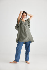 Bella Linen Top. Khaki