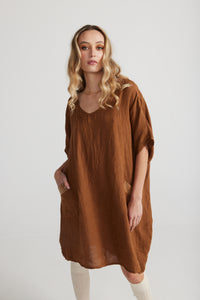 Charlie Linen dress. Tobacco