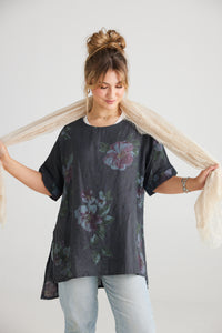 Contessa linen top. Charcoal Floral