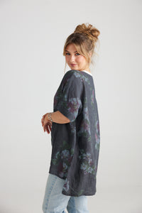 Contessa linen top. Charcoal Floral