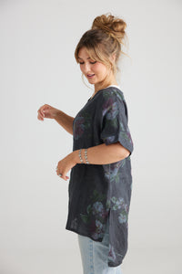 Contessa linen top. Charcoal Floral