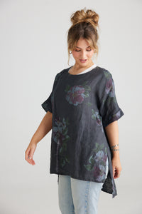 Contessa linen top. Charcoal Floral