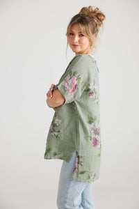 Contessa Linen Floral top. Olive