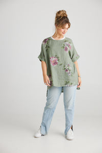 Contessa Linen Floral top. Olive