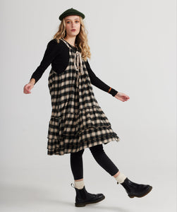 London Pinafore dress in Black & Caramel cotton Plaid