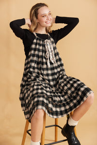 London Pinafore dress in Black & Caramel cotton Plaid