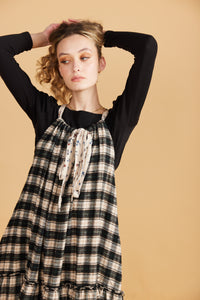 London Pinafore dress in Black & Caramel cotton Plaid