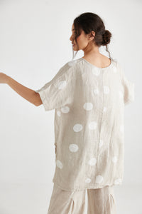 Contessa Linen top. Sandstone Polka dot