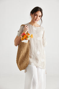 Contessa Linen top. Sandstone Polka dot