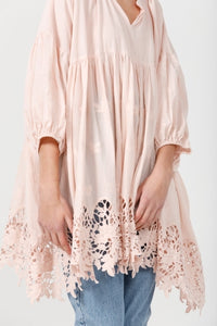 French Smock . Scalloped lace. Blush Pink.