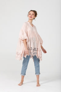 French Smock . Scalloped lace. Blush Pink.