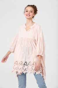 French Smock . Scalloped lace. Blush Pink.