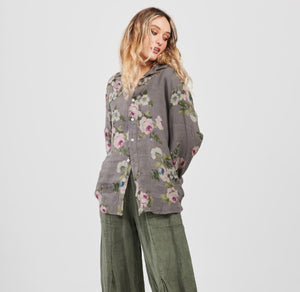 Rupert Boyfriend Floral Linen Shirt. Charcoal Rose