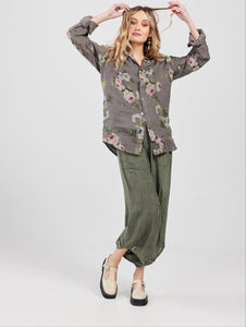 Rupert Boyfriend Floral Linen Shirt. Charcoal Rose