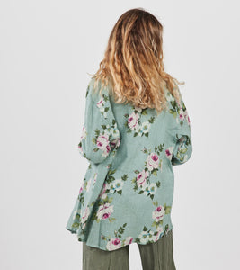 Rupert Boyfriend Floral Linen Shirt. Sage Green Rose