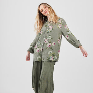 Rupert Boyfriend Floral Linen Shirt. Khaki Rose