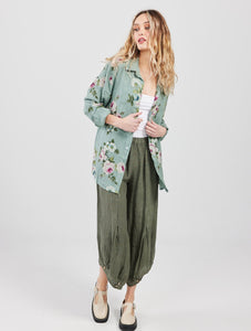 Rupert Boyfriend Floral Linen Shirt. Sage Green Rose