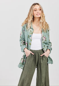 Rupert Boyfriend Floral Linen Shirt. Sage Green Rose