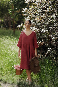 Stella linen dress. Indian Red