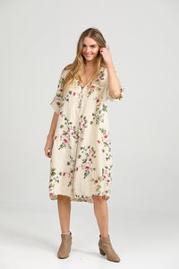 Abigail floral linen shirt dress. Antique Cream