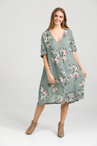 Abigail Floral Linen coatdress. Sage Green