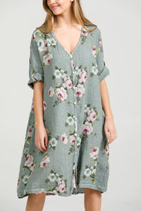 Abigail Floral Linen coatdress. Sage Green