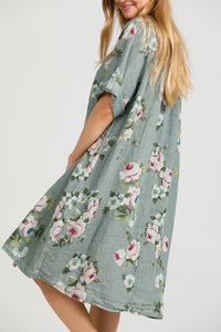 Abigail Floral Linen coatdress. Sage Green