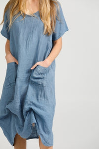 Primavera Linen dress. Denim Blue