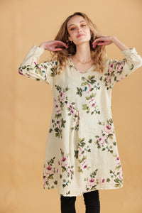 Amelia Floral Linen dress. Antique Cream