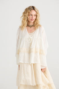 Elodie short Linen gauze and lace jacket. Licorice