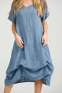 Primavera Linen dress. Denim Blue