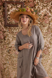 Primavera Linen dress. Taupe. Long-sleeved