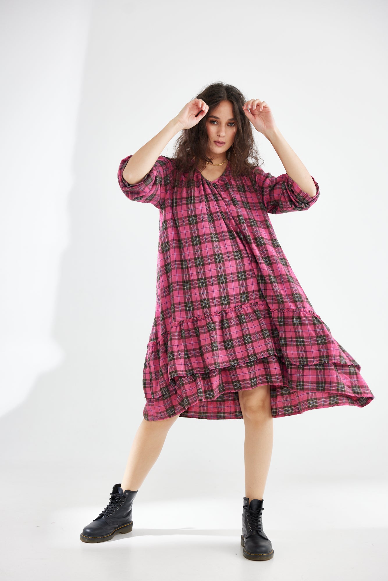 Pink and black outlet plaid dress