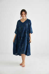 Stella floral linen dress. Midnight Blue Rose