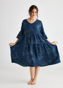 Stella Linen floral dress. Midnight Blue Rose