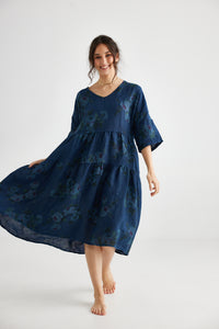 Stella floral linen dress. Midnight Blue Rose