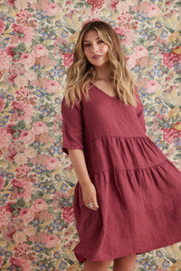 Stella Linen Dress. Cranberry