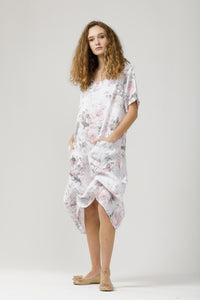 Primavera linen dress. Floral White Rose