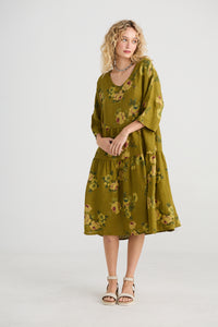 Stella floral dress. Avocado Green Rose