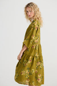 Stella floral dress. Avocado Green Rose