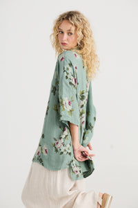 Teddie Floral linen shirt. Sage Green