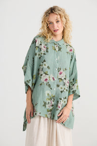 Teddie Floral linen shirt. Sage Green