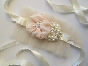 tulle and pearl flower belt. flower girl belt. wedding sash