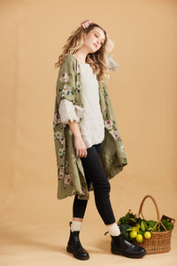 Abigail Floral Linen coatdress . Olive