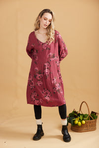 Amelia floral linen dress. Cranberry Rose