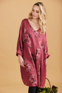 Amelia floral linen dress. Cranberry Rose